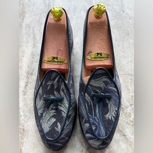 Belgian Shoes Midinette Slipper Blue Leather Loafer 7 Flat Bow Floral Paisley